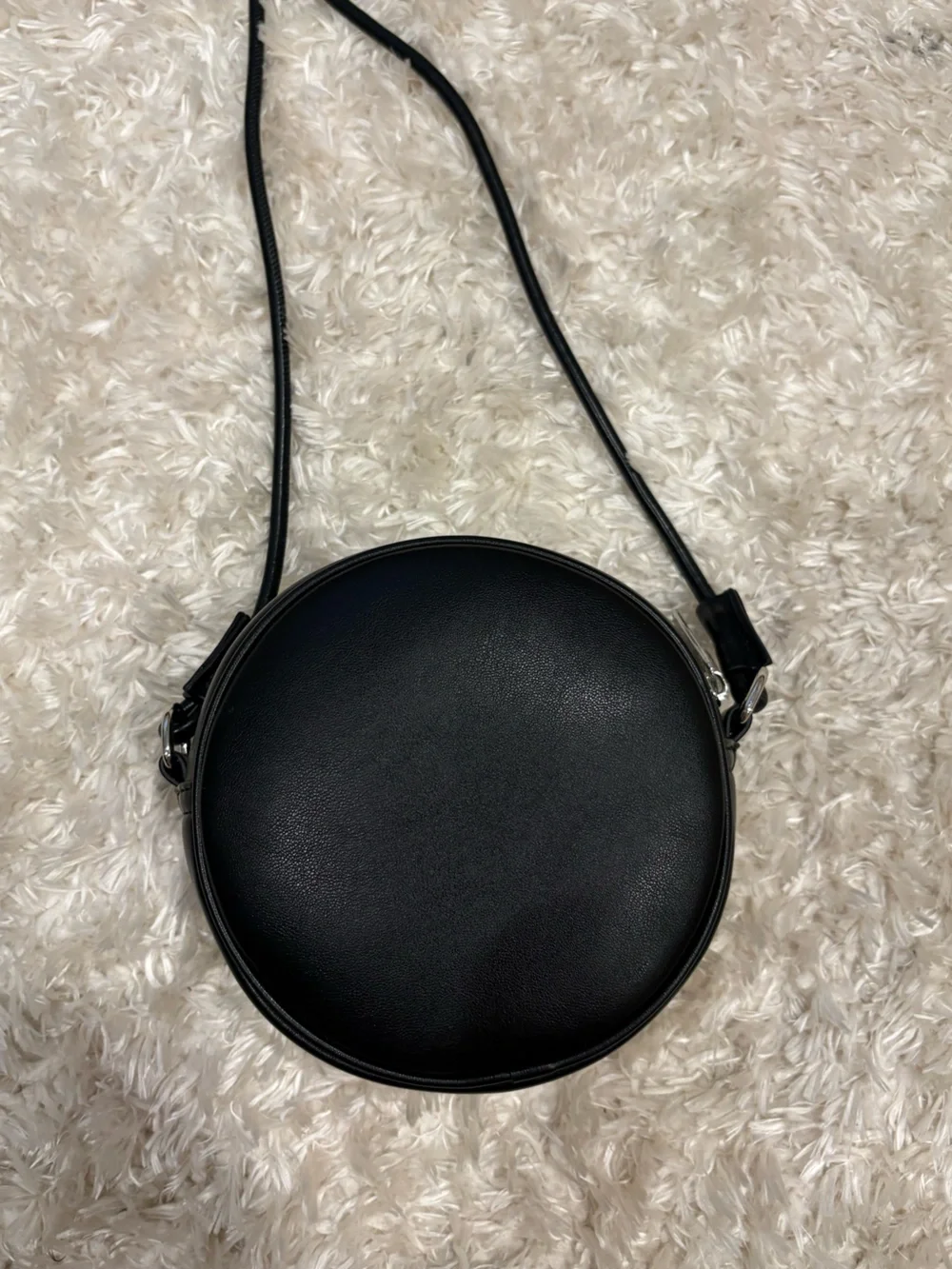 Fiorucci Black Round Crossbody Cherub Motif  Purse Crossbody Strap Leather